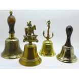 Four brass bells, two with turned wooden handles