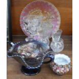 Glassware including two items of Carnival glass; plate and bowl, rummer, etc.