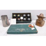 Carpet bowls, a '19th Hole' mug and a carving **PLEASE NOTE THIS LOT IS NOT ELIGIBLE FOR POSTING AND