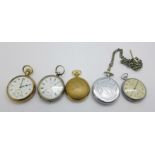 Five pocket watches including one 935 silver cased