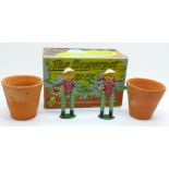 Bill and Ben The Flowerpot Men, 1950's/1960's metal figures and flowerpots, by Sacul, boxed