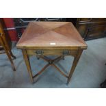 An Edward VII mahogany envelope card table, stamped W. Walker & Sons, Bunhill Row, London, E.C.