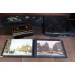 Nottingham postcards, cigarette cards and two lacquered boxes, for gloves and hankies