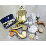Assorted items, anniversary clock, Meerschaum pipe with butterscotch amber stem and silver collar, a
