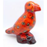 Anita Harris Art Pottery, hand painted Puffin in a speckled flambe glaze, signed in gold on base,