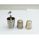 A Victorian silver thimble holder for a chatelaine in the form of a miniature bucket, by George