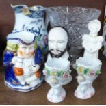 A glass vase, a Toby jug, one other jug, ceramic bust of Shakespeare, etc.