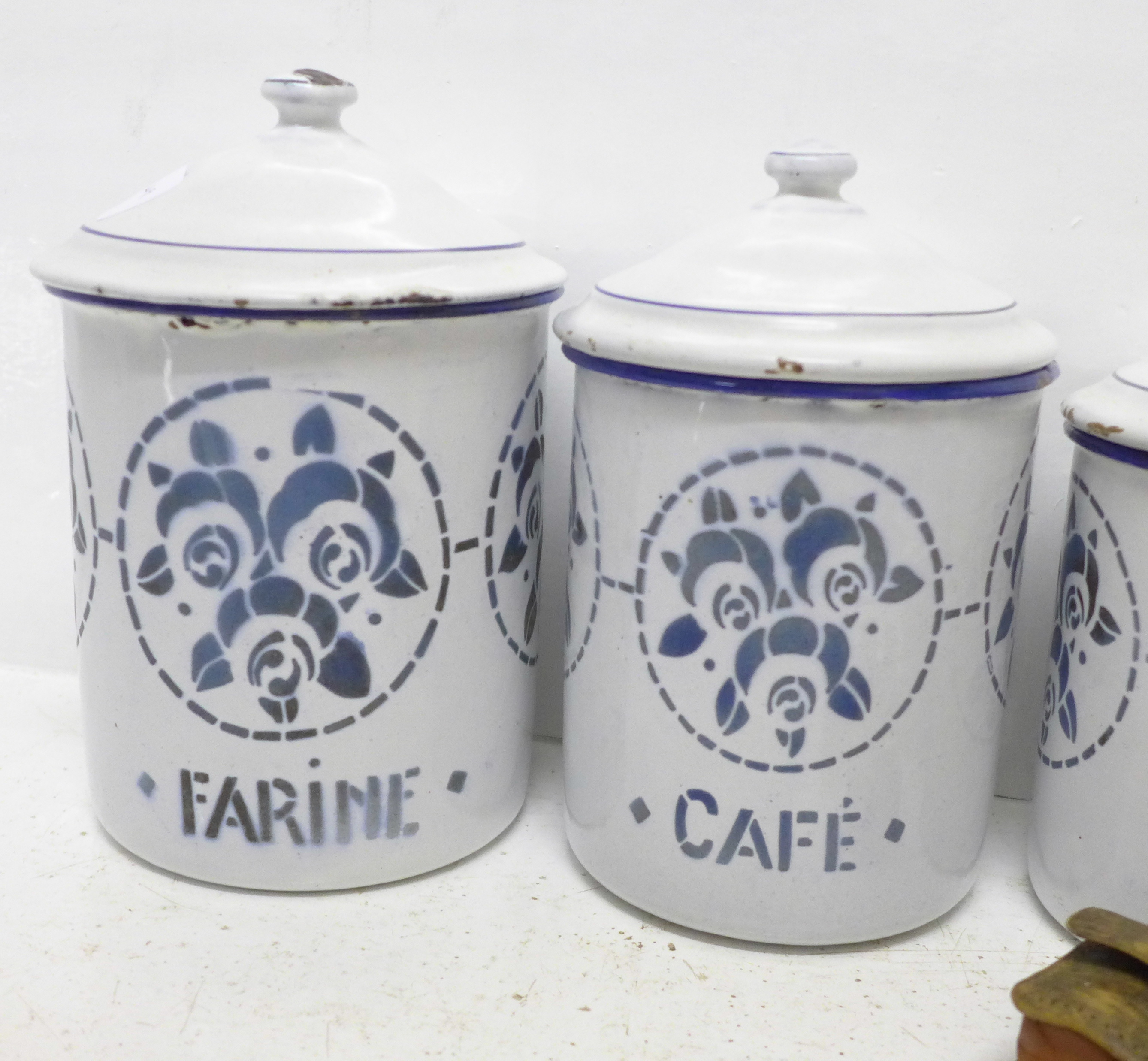 A set of five graduated enamel storage jars, a pair of theatre glasses and an oriental metal teapot - Image 2 of 2