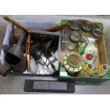 Assorted items:- woodworking tools, a quart jug, rulers, two Kilner jars, a green glass Lillicrap'