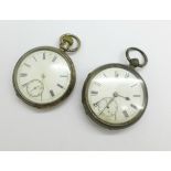 Two silver pocket watches, Adam Burgess, Coventry and Waltham Traveler