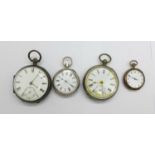 A silver cased fusee pocket watch, an 800 silver pocket and two fob watches, fob watches a/f