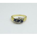 A yellow metal, sapphire and white stone ring, 4g, Q