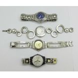 Three lady's Swatch wristwatches and a Fossil wristwatch