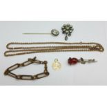 Jewellery including a paste set brooch, a rose brooch, a plated chain and bracelet, etc.
