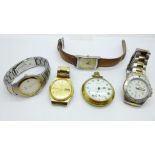 A collection of watches and a pocket watch including Seiko, Avia, Citizen, Emporio Armani and Smiths