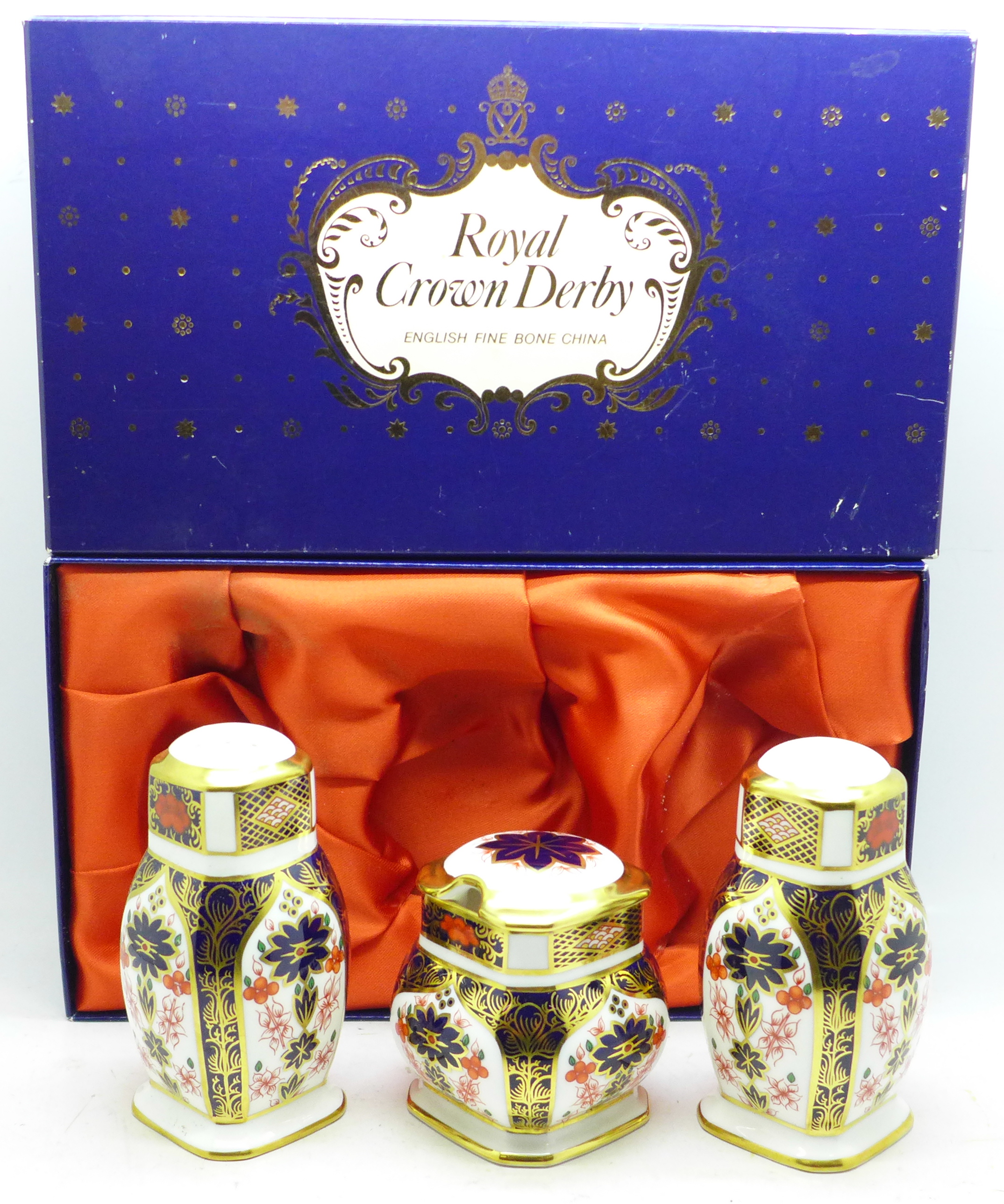 A Royal Crown Derby Imari pattern cruet set, boxed