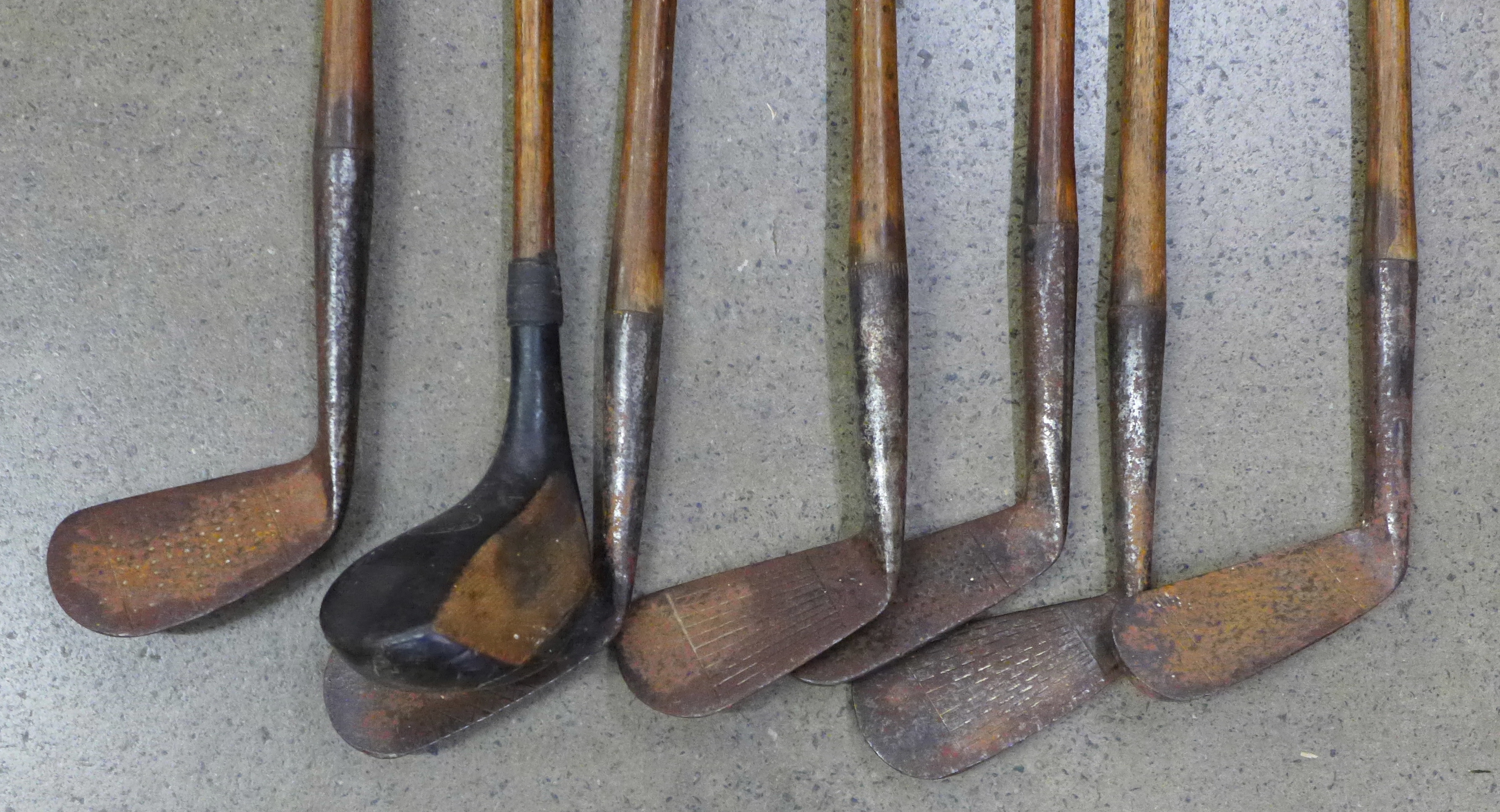 Seven hickory shafted golf clubs including Mashie made by Anderson & Sons of St. Andrews, Jiggers by - Image 2 of 9