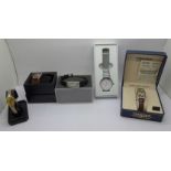 Five wristwatches, Prestige by Waltham, DKNY, Modu, Sekonda and one other, boxed