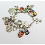 A bracelet with silver and other charms