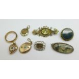 Jewellery including a moss agate set brooch, three other brooches, a seed pearl and turquoise