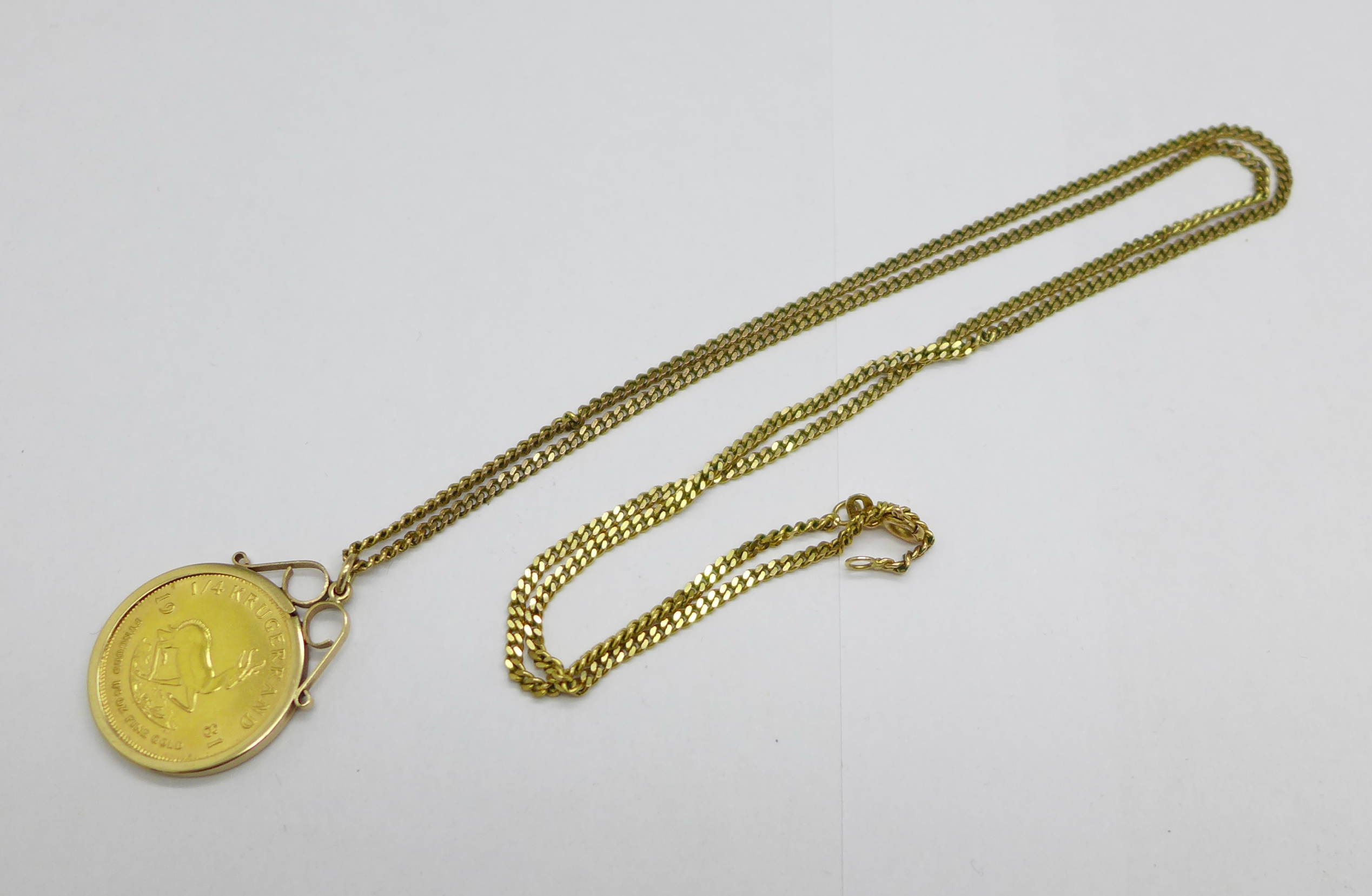 A ¼ Krugerrand, 1981, in a 9ct gold mount and on a 9ct gold chain, total weight 17.0g, chain 61cm