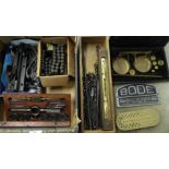 Tools including scales, a James Howarth spirit level, door furniture, etc.