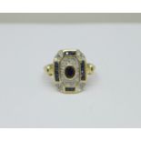 A 9ct gold Art Deco style sapphire and diamond ring, 2.6g, L