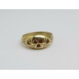 A 9ct gold and garnet ring, one stone missing, 2.8g, P