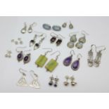 Fifteen pairs of silver and stone set earrings, total weight 60g