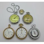 Five pocket watches; two rolled gold, a/f, three Ingersoll and a lady's silver cased