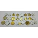 Twenty-five wristwatch, fob and pocket watch movements, Elgin, JW Benson, Waltham, etc.