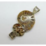 A large silver, ammonite and shell pendant, 7cm