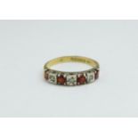 A 9ct gold red and white stone ring, 1.8g, P