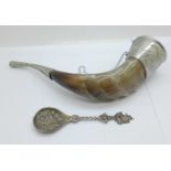 A continental silver spoon and a modern horn shaped beaker/decoration