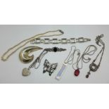 Three silver brooches, a silver bracelet, three pendants and chains, a necklace lacking fastener and