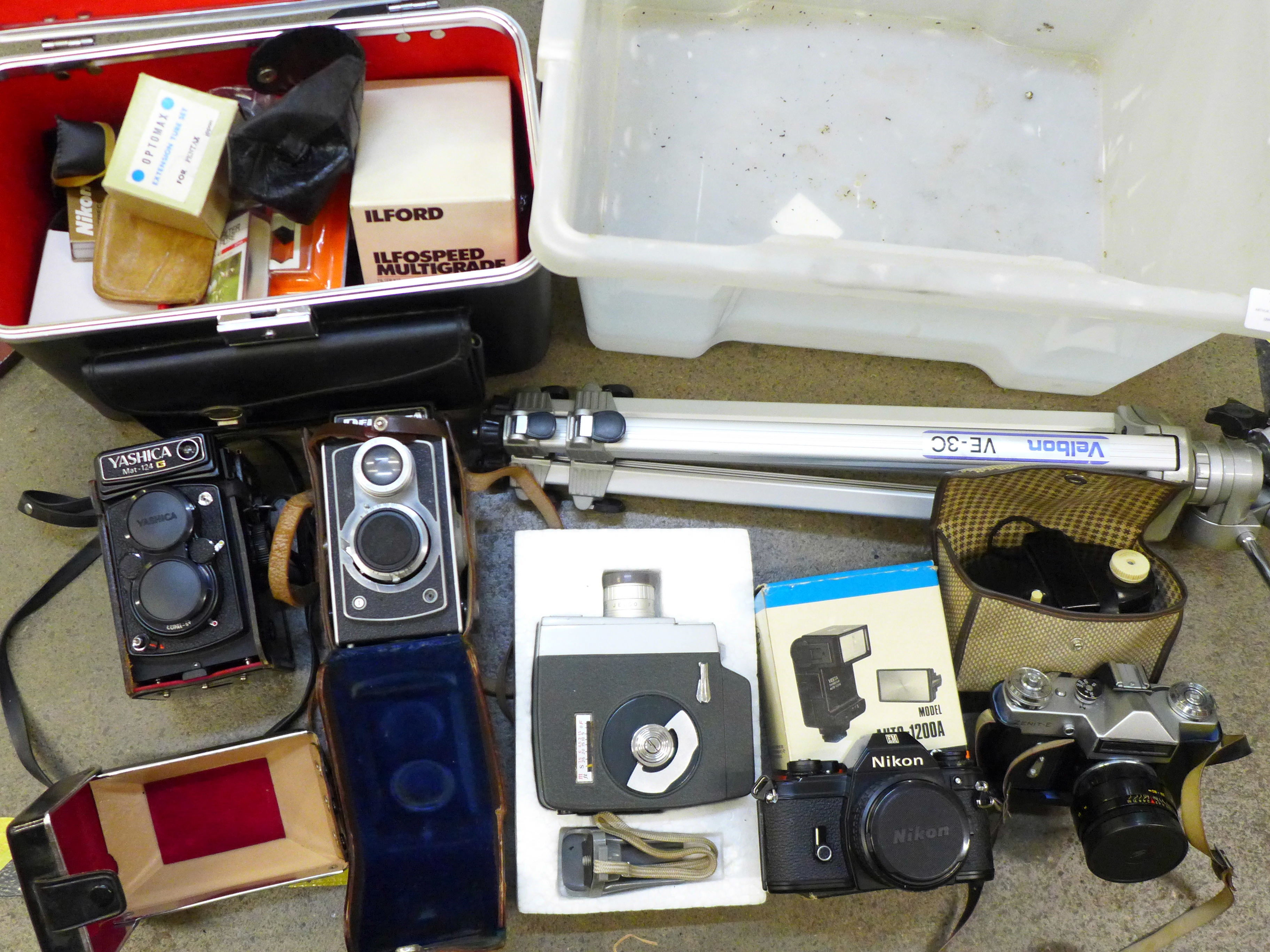 Five cameras; Yashica Mat-124 G, Nikon EM, Del Monza, Kodak Brownie, Zenit-E, a Jello cine camera,