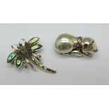 A silver cat brooch and a silver insect brooch