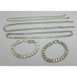 Two silver bracelets and three silver chains, 132g, (one chain fastener a/f and one chain connecting