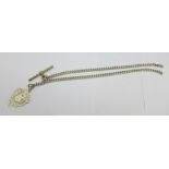 A silver Albert chain and fob, metal T-bar and requires fasteners, total weight 25g