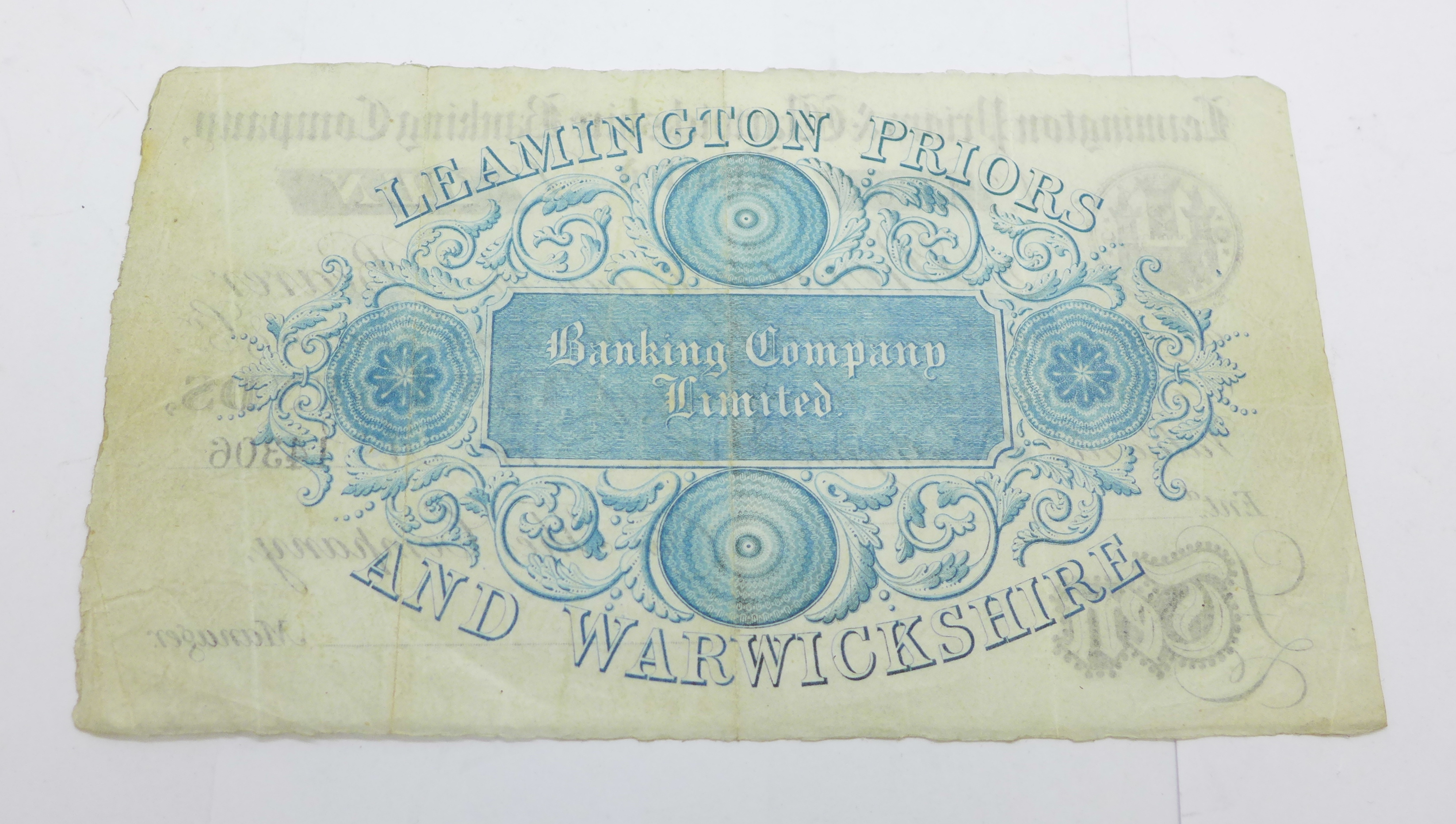 A 19th Century ten pounds provincial bank note, Leamington Priors & Warwickshire Banking Company - Image 2 of 2