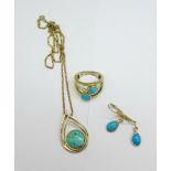 A silver gilt and turquoise pendant and chain, a ring, N, and a pair of earrings