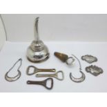 A 19th Century silver plate on copper wine funnel, two pairs of bottle labels, etc., labels