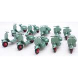 Ten Benbros Mighty Midgets 15 Vespa Scooters, metallic green with red hubs