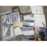 A collection of items including watercolour paintings, 1970's railway photographs, a Paul