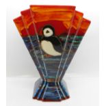 Anita Harris Art Pottery, Art Deco style fan vase in the Puffin design, Anita Harris signature in