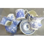 A box of blue and white transfer printed china, including 19th Century mug, jugs, bowls and a T.G.