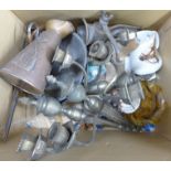 A box of assorted items including three wall lights, an Art Nouveau jug, J.S. & S, etc. **PLEASE