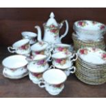 Royal Albert Old Country Roses china:- coffee pot, thirteen cups, fourteen saucers, eighteen side