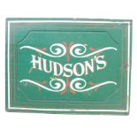 A painted wooden sign, 'Hudsons', from a canal barge, a/f, 42.5cm x 32.5cm