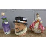 A Royal Doulton large character jug and two Royal Doulton figures, figures a/f **PLEASE NOTE THIS